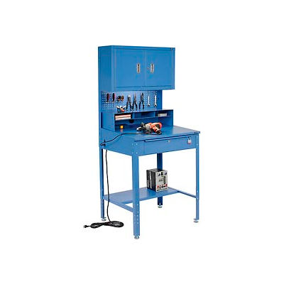 Global Industrial™ Sloped Shop Desk w / Pegboard, Riser &Cabinet, 34-1/2"W x 30"D, Bleu