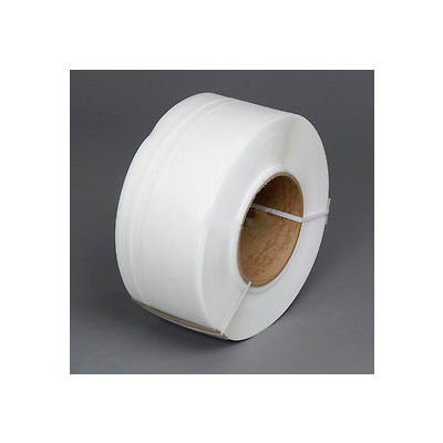 Cerclage de qualité machine industrielle™ mondiale, 3/8 « L x 12900'L x 21 » d’épaisseur, 9 » x 8 » Core, Blanc - Qté par paquet : 2