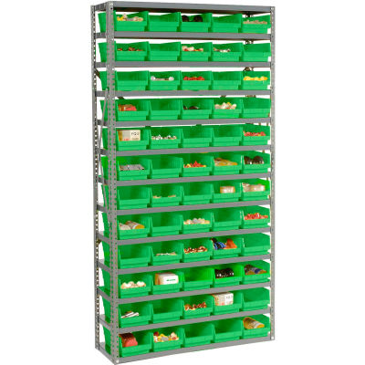 Global Industrial™ Steel Shelving avec 60 4"H Plastic Shelf Bins Green, 36x12x72-13 Shelves