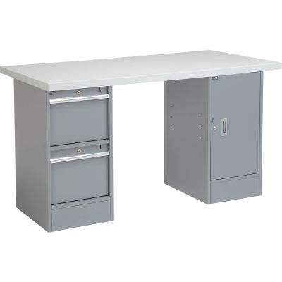 Global Industrial™ 60 x 30 Pedestal Workbench 2 Drawers and Cabinet, Laminate Square Edge Gray