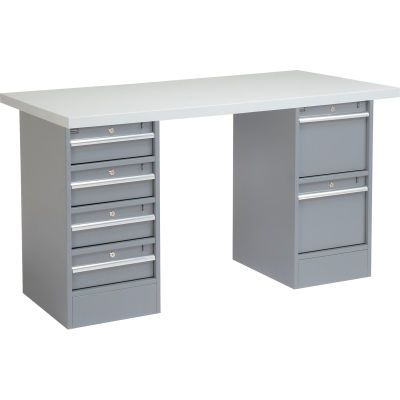 Global Industrial™ 96 x 30 Pedestal Workbench - 6 tiroirs, bord carré stratifié en plastique - Gris