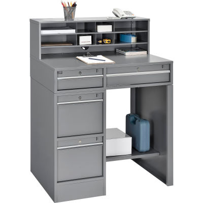 Global Industrial Premium Pedestal Shop Desk With 4 Drawers & Shelf 38"W x 29"D x 51"H - Gray