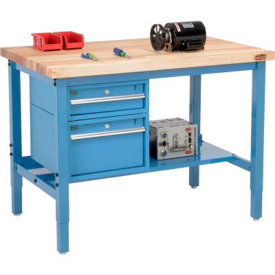 Global Industrial™ 48"W x 30"D Production Workbench - Carré d’érable avec tiroirs et étagère - Bleu