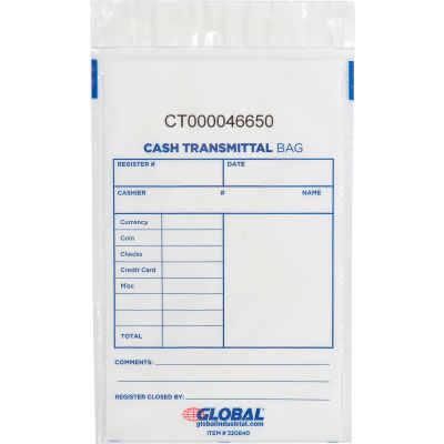 Global Industrial™ Cash Transmittal Bag, 6"W x 9"H, Clair, 100/Pack