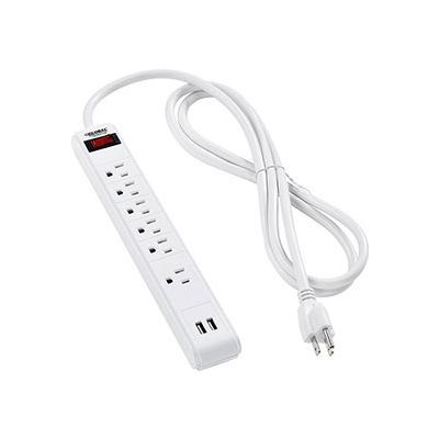 Global Industrial 12" 5+1 Outlet Strip & Surge Protector w/USB Ports, 900 Joules, 6' Cord, WHT