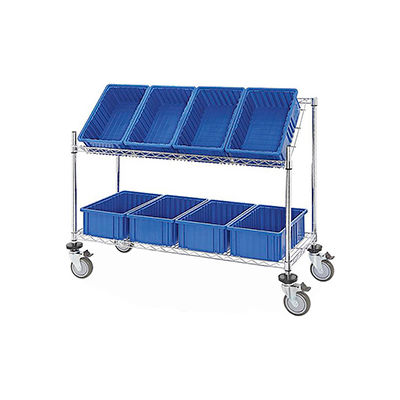 Global Industrial™ Easy Access Slant Shelf Chrome Wire Cart, 8 Blue Grid Containers 48Lx18Wx48H