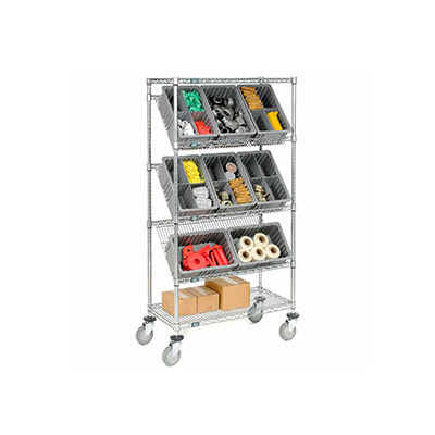 Global Industrial™ Easy Access Slant Shelf Chrome Wire Cart, 8 Blue Grid Containers 36Lx18Wx63H