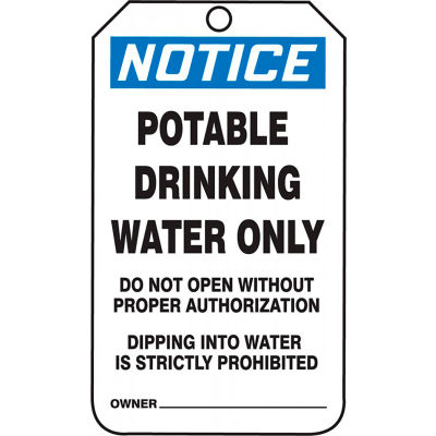 Accuform MNT246PTP Safety Tag, NOTICE POTABLE DRINKING WATER SEULEMENT, 5,75"H x 3,25"W, Plastique, 25/PK