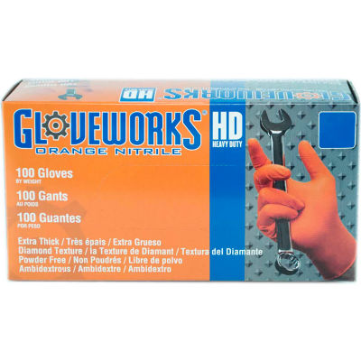 Ammex® GWON Gloveworks Industrial Grade Texturé Nitrile Gloves, Powder-Free, Orng, S, 100/Box