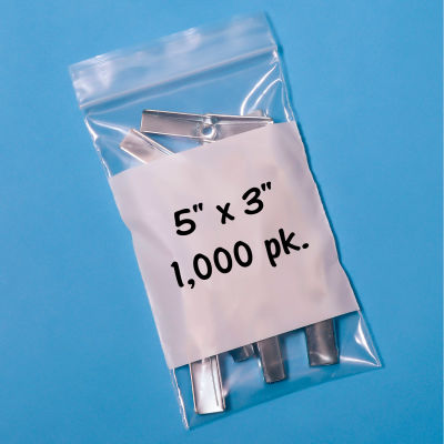 Reclosable Poly Bags W/ Write On Label, 3"W x 5"L, 2 Mil, Clear, 1000/Pack