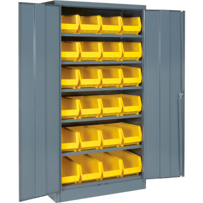 Locking Storage Cabinet 36"W X 18"D X 72"H With 24 Yellow Stacking Bins and 6 Shelving Assembled