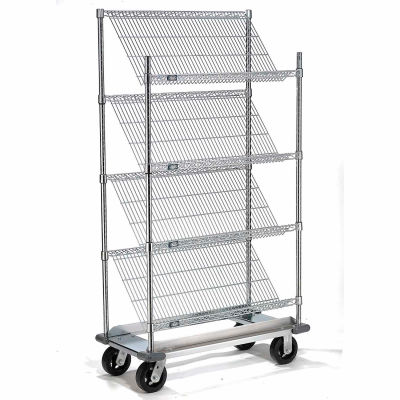 Nexel® Slant Wire Shelving Truck w/4 Shelves & Dolly Base, 48"L x 24"W x 70"H