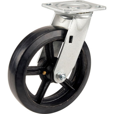 Global Industrial™ Heavy Duty Swivel Plate Caster 8" Mold-On Rubber Wheel 600 Lb. Capacity