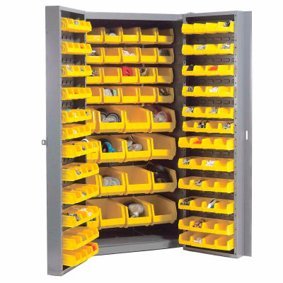 Armoire de stockage industriel mondial avec 136 bacs jaunes, assemblés, 417 lb. Poids, 38 » L x 24 » P x 72"H