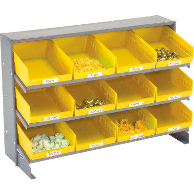 Global Industrial™ 3 Shelf Bench Pick Rack - 12 Bacs jaunes en plastique 8 Pouces Large 33x12x21
