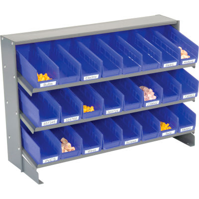 Global Industrial™ 3 Shelf Bench Pick Rack - 24 Bacs à étagère bleue 4 Pouces Large 33x12x21