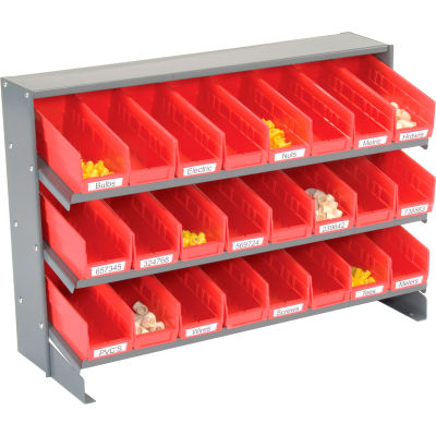 Global Industrial™ 3 Shelf Bench Pick Rack - 24 Bacs à plateau en plastique rouge 4 Pouces Large 33x12x21