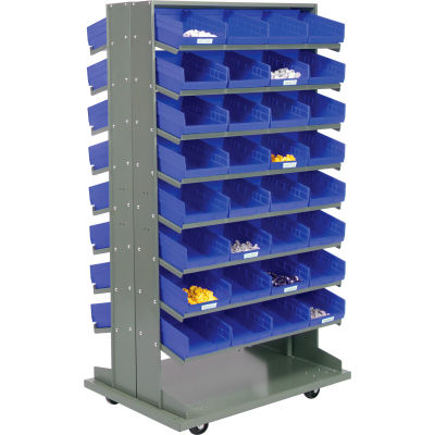 Global Industrial™ 16 Shelf Double-Sided Mobile Pick Rack - 64 Bacs en plastique bleu 8" Large