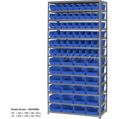 Global Industrial™ Steel Shelving with 48 4"H Plastic Shelf Bins Blue, 36x18x72-13 Shelves