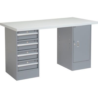 Global Industrial™ 96 x 30 Pedestal Workbench - 4 tiroirs &Armoire, Stratifié carré bord gris