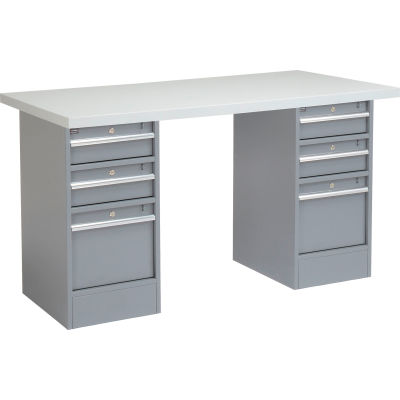 Global Industrial™ 72 x 30 Pedestal Workbench - 6 tiroirs, bord carré stratifié en plastique - Gris