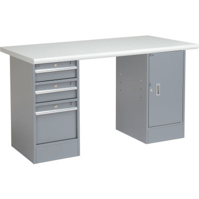 Global Industrial™ 60 x 30 Pedestal Workbench 3 Tiroirs - 1 Cabinet, Laminate Safety Edge Gray