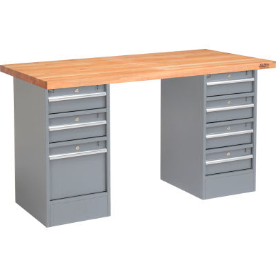 Global Industrial™ 96 x 30 Pedestal Workbench - 7 Tiroirs, Maple Block Square Edge - Gris