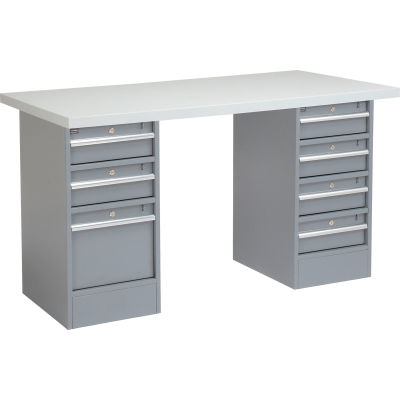 Global Industrial™ 96 x 30 Pedestal Workbench - 7 tiroirs, bord carré stratifié en plastique - Gris