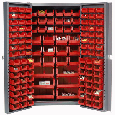 Global Industrial Bin Cabinet Deep Door - 132 Red Bins, 16Ga. Assembled Cabinet 38 x 24 x 72