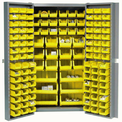 Global Industrial™, 16-Gauge Deep Door Bin Cabinet, 132 Yellow Bins, 38" x 24" x 72", Assembled