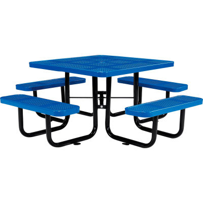 Table de™ pique-nique carrée Industrielle Mondiale de 46 pouces, Métal perforé, Bleu