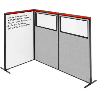 Interion® Deluxe Freestanding 3-Panel Corner w/Whiteboard & Partial Window 36-1/4Wx61-1/2H Gray