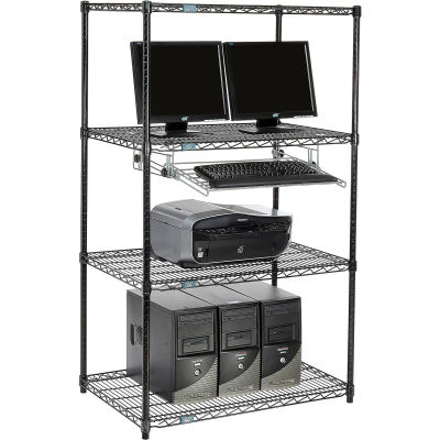Nexel™ 4-Shelf Wire Computer LAN Workstation With Keyboard Tray, Black, 36"W x 24"D x 63"H