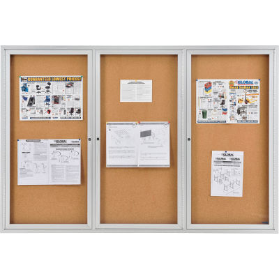 Global Industrial Enclosed Cork Bulletin Board 72 W X 48 H 3 Door 695542 Globalindustrial Ca Enclosed Cork Bulletin Board, Enclosed Cork Board With Sliding Glass Door