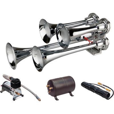 Wolo® Four Trumpet Mini Train Horn Metal Chrome Plaqué 12 Volts, Système aérien embarqué - 853-800