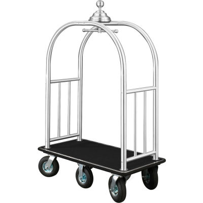 Glaro Ball Crown Bellman Cart 48x25 Satin Aluminum Black Carpet, 6 Black Pneu Wheels