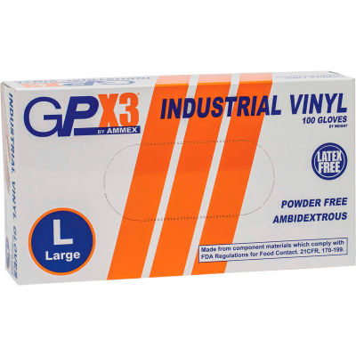 Ammex® gants en vinyle de qualité industrielle GPX3, 3 Mil, sans poudre, grand, clair, 100/box - Qté par paquet : 10