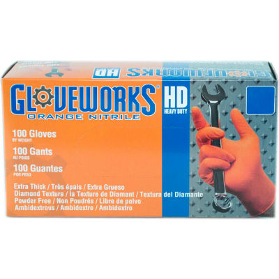 Ammex® GWON Gloveworks Industrial Grade Textured Nitrile Gloves, Powder-Free, Orng, L, 100/Box