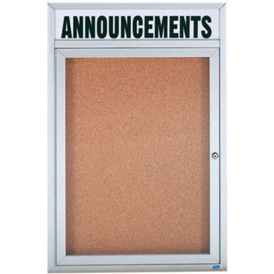 Aarco 1 Door Aluminum Framed Bulletin Board w/ Header - 24"W x 36"H