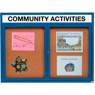 Aarco 2 Door Aluminum Framed Bulletin Board w/ Header Blue Powder Coat - 60"W x 48"H