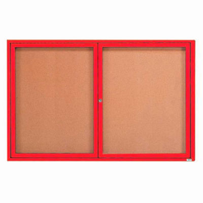 Aarco 2 Door Framed Enclosed Bulletin Board Red Powder Coat - 72"W x 48"H