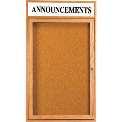 Aarco 1 Door Oak Enclosed Bulletin Board w/ Header - 24"W x 18"H