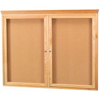Aarco 2 Door Red Oak Bulletin Board w/ Crown Molding - 48"W x 36"H