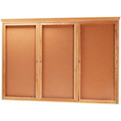Aarco 3 Door Red Oak Bulletin Board w/ Crown Molding - 72"W x 48"H