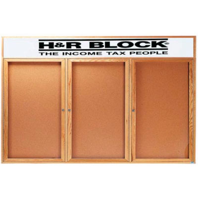 Aarco 3 Door Oak Enclosed Bulletin Board w/ Header - 96"W x 48"H