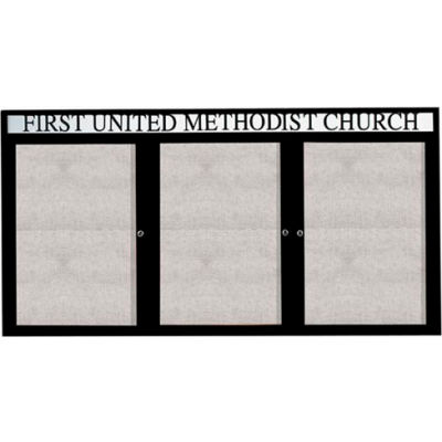 Aarco 3 Door Enclosed Alum Framed Bulletin Board w/ Header, Illum Black - 96"W x 48"H
