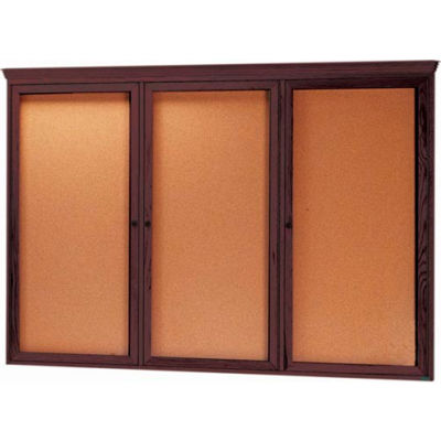 Aarco 3 Door Red Walnut Bulletin Board w/ Crown Molding - 72"W x 48"H