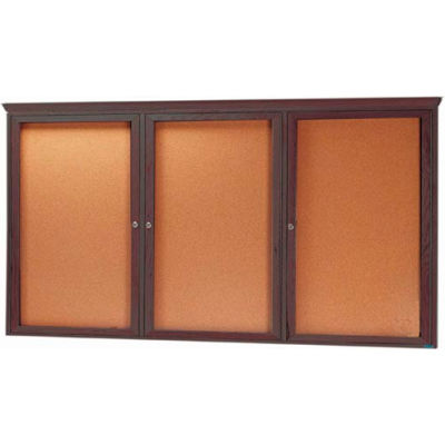 Aarco 3 Door Red Walnut Bulletin Board w/ Crown Molding - 96"W x 48"H
