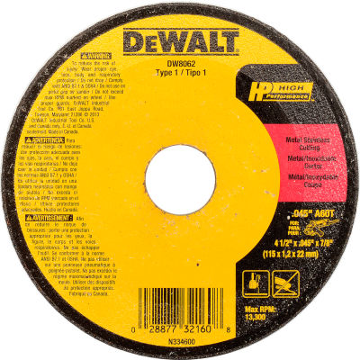 DeWalt DW8062 Metal & Stainless Cutting Wheel 4-1/2" DIA..045" Thick Aluminum Oxide - Pkg Qty 25