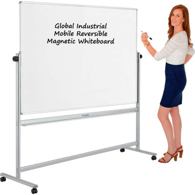 Global Industrial Mobile Reversible Whiteboard With Silver Frame, 72"W x 48"H